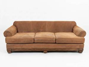 lot 3665 image: Tan Upholstered Sofa w Rolled Arms