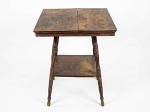 lot 3680 image: Antique Wood Side Table w Turned Legs & Shelf