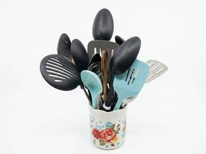lot 3803 image: Floral Ceramic Utensil Holder with Kitchen Tools