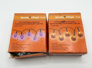 lot 3810 image: Spooky Village LED Light Sets (2) Spider Pumpkin Purple Orange
