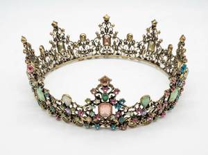 lot 3837 image: Ornate Brass Tiara w Colorful Rhinestones