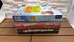 lot 188 image: 3 Board Games Lot Apples to Apples Disney Edition, Yahtzee, Scattergories