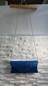 lot 239 image: Blue Glitter Envelope Clutch Shoulder Bag w Chain Strap