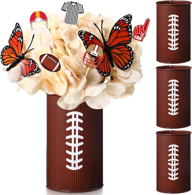 lot 12924 image: 3 Pcs Football Table Centerpiece Vases, Galvanized Metal, for Flowers