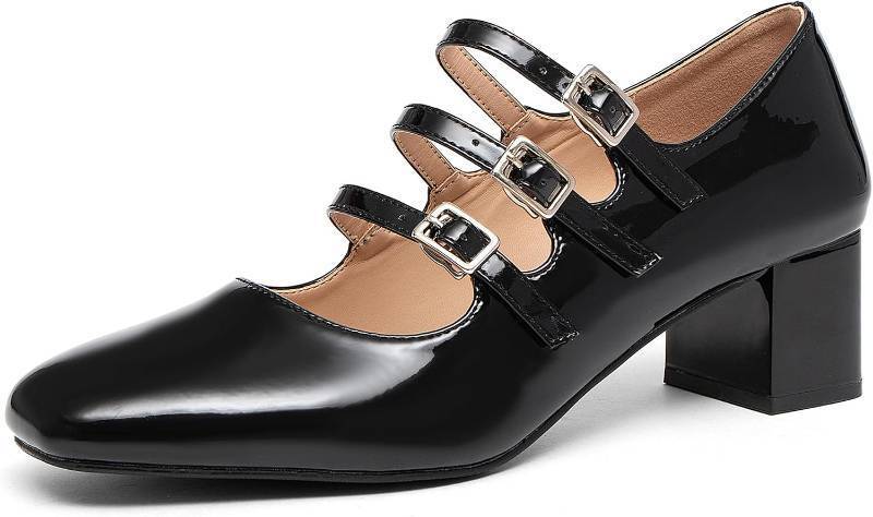 lot 8444 image: Burgundy NEWBELLA Womens Patent Leather Mary Janes - Buckle Strap, Square Toe Pumps 8.5