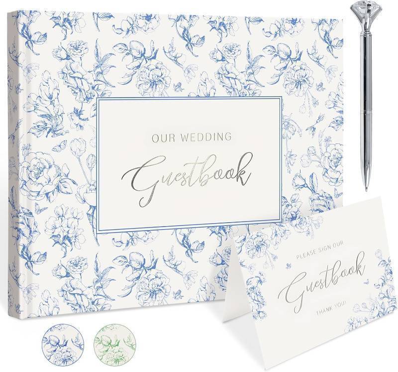lot 8910 image: Blue Floral Wedding Guest Book, Hardcover, 144 Pages, 9x7 in., with Pen