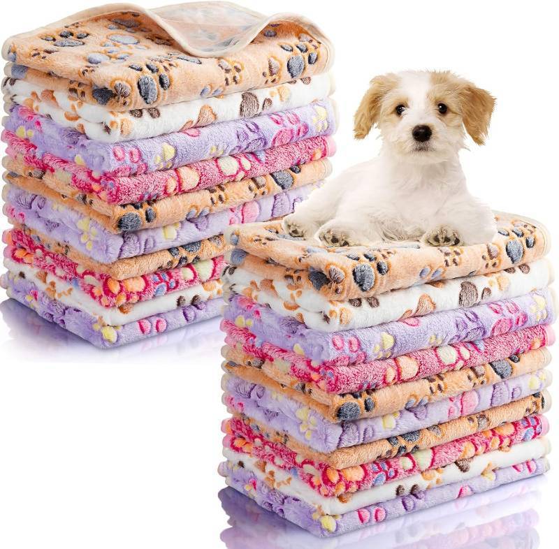 lot 20699 image: Chumia 40 Pcs Dog Blankets, Pink White Brown Paw, Fleece Puppy Blankets