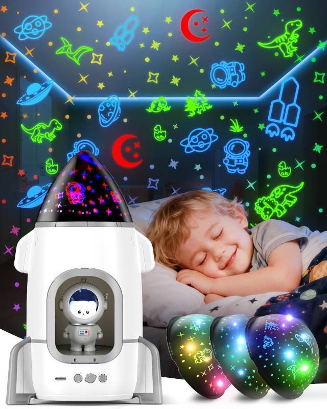lot 20086 image: Rocket Night Light Projector for Kids - Astronaut Star Projector, 360