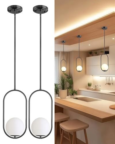 lot 2976 image: Majade Pendant Lights 2-Pack, Black Glass Globe Kitchen Island Chandelier