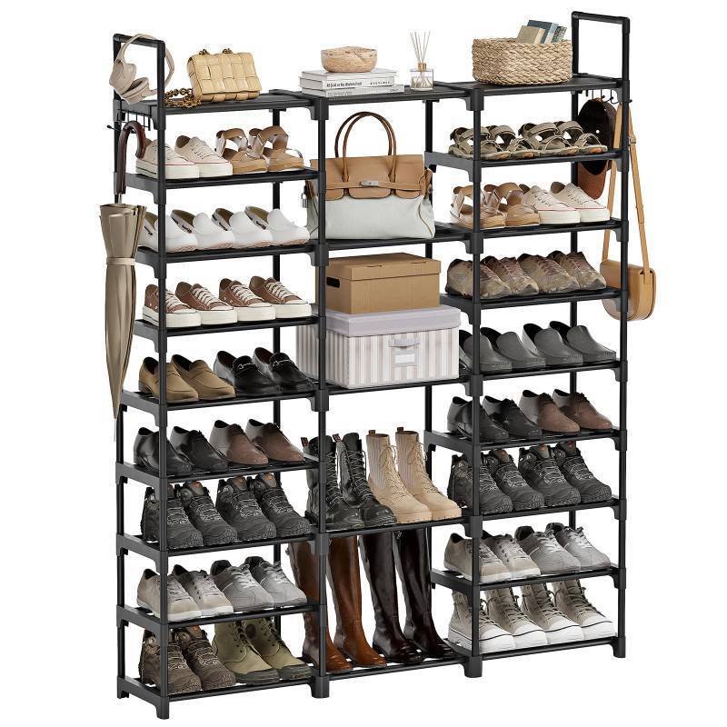 lot 9635 image: WOWLIVE 9 Tiers Large Shoe Rack Storage Organizer for Closet 50-55 Pairs Shoe Tower Unit Shelf Stackable Shoe Rack with Metal Pipes Plastic Connectors Black(SSS3B9)