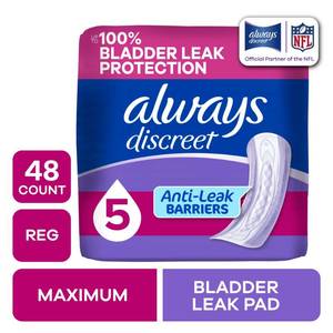 lot 10633 image: Always Discreet Incontinence Pads for Women, Max Absorbency, Regular 48ct