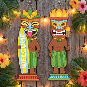 lot 10667 image: 2 Pcs Tiki Welcome Signs Wooden Hawaiian Luau Party Decorations