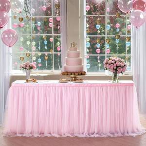 lot 10681 image: Suppromo 9ft Pink Tulle Table Skirt for Rectangle or Round Tables, 30in H