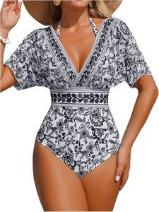 lot 10698 image: Floerns Womens One Piece Swimsuit Floral Halter Short Sleeve Bathing Suit Large