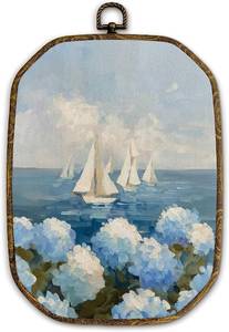 lot 10711 image: Yjeslw Coastal Sailboat Hydrangea Octagon Wall Art Canvas 10.2x7