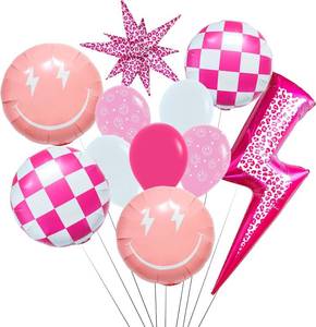 lot 10712 image: Pink Lighting Smile Face Balloons, Pink Leopard Bolt, Checkered Balloons