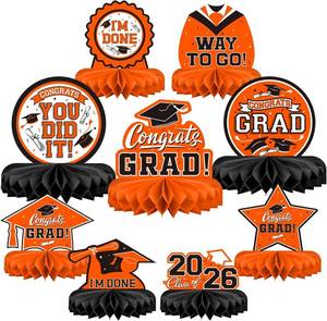 lot 10783 image: 9PCS Grad Party Decor Class of 2026 Honeycomb Toppers Orange-Black