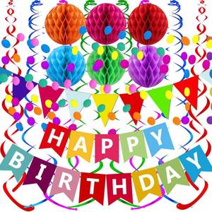 lot 10857 image: Fecedy Happy Birthday Banner with Colorful Paper Flags & Confetti Garland