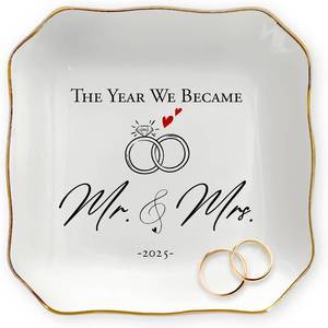 lot 10899 image: OASSIE Mr and Mrs Ceramic Jewelry Dish Tray 4x4 - Bridal Shower Gift