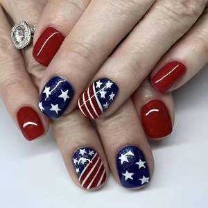 lot 10911 image: 4th of July Press-On Nails, Short Square, Red-White-Blue Stripe Design, 24Pcs