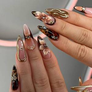 lot 10916 image: Mivota Press-On Nails Almond Brown 24Pcs with 3D Flowers Gold Charm Designs
