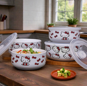 lot 106 image: Hello Kitty Ceramic Food Storage Bowls with Lids, 8 Pieces - Retail $29