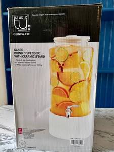 lot 112 image: 2.2 Gallon Glass Drink Dispenser with Ceramic Stand  - Retail $22