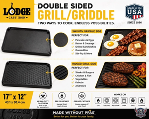lot 147 image: Lodge Cast Iron Double Sided GrillGriddle 17 x 12 Inches - Retail $30