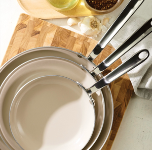 lot 153 image: Tramontina 3-piece Tri-Ply Clad Stainless Steel Ceramic Nonstick Fry Pan Set - Retail $67