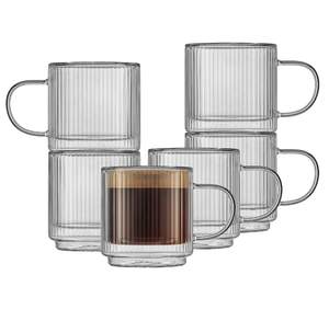 lot 169 image: JoyJolt Haven 13.5 oz Fluted Stackable Double Wall Glass Mugs, Set of 6 - Retail $30
