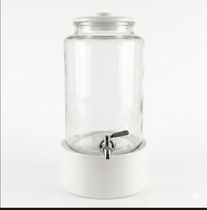 lot 112 image: 2.2 Gallon Glass Drink Dispenser with Ceramic Stand  - Retail $22