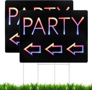 lot 171493 image: Double-Sided Party Signs 17 x 13 With Metal H Stakes - Waterproof Corrugated Plastic Birthday Direction Signs - This Way Arrow Yard Sign (2 Packs)
