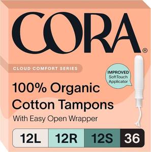 lot 171527 image: Cora 100% Organic Cotton Tampons Multipack (12 Light, 12 Regular, 12 Super)