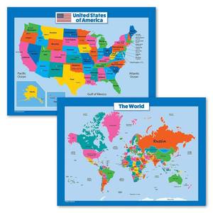 lot 171540 image: World Map and USA Map for Kids - 2 Poster Set - LAMINATED - Wall Chart Poster of the United States and the World (18 x 24)