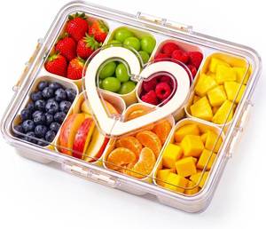 lot 171558 image: Snackle Box Container with Leakproof Lid and Handle, 8 Compartment Divided Serving Tray with Removable Containers, Spill-Proof Portable Snack Tray for Kids Snacks, Fruit, Candy, Nuts, Picnic & Parties