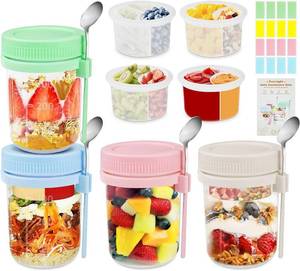 lot 171569 image: Overnight Oats Containers with Lids and Spoons - 4 Pack 16 oz Glass Mason Jars with Separate Compartments Airtight Leakproof Yogurt Parfait Cup for Oatmeal Chia Pudding Cereal Sugar Packet Holders