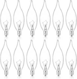 lot 171572 image: SerBion 60W Candelabra Light Bulbs, E12 B10 Clear Candle Base Bulb with Warm White 2700K, 600 Lumen Dimmable, 120V Incandescent Chandelier Light Bulbs for Pendants, Ceiling Fan, Wall Sconces (12-Pack)