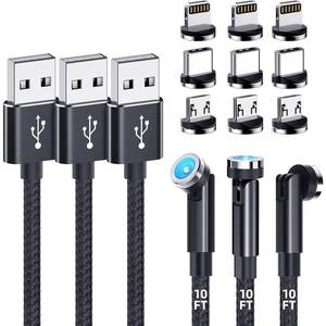 lot 171573 image: Magnetic Charging Cable 3-Pack,10FT10FT10FT 540  Rotating Magnetic Phone Charger 3-in-1 Magnetic USB Cable with LED Light Nylon Braided Magnetic Charger for iProductMicro USBType C Device-Black