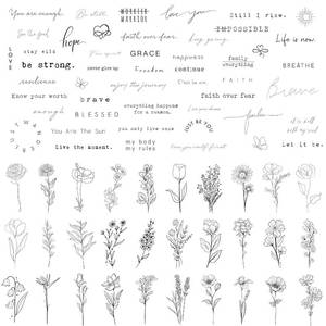 lot 271567 image: TATUWST Realistic Temporary Tattoos - 60 Sheets Tiny Small Removable Tattoos, 30 Pcs Inspirational Quotes Words Tattoos, 30 Pcs Wild Flower Ink Line Botanical Floral Leaf Tattoo Stickers for Women