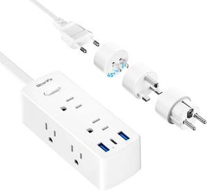 lot 271595 image: European Travel Plug Adapter, Olcorife Universal Travel Adapter for EU UK US AUS, 6 Outlets 3 USB Ports with 5ft Extension Cord, International Power Adapter for US to Europe UK AUS