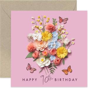 lot 271622 image: Old English Co. Special 90th Birthday Card for Her - Pink Flower Butterfly Artwork Birthday Card for Mum Aunt Sister Grandmother - Cute Female Birthday Card  Blank Inside Envelope