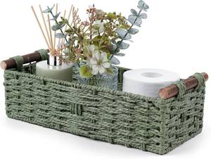 lot 371568 image: Round Paper Rope Storage Basket Wicker Baskets for Organizing with Handle Decorative Storage Bins for Countertop Toilet Paper Basket for Toilet Tank Top Small Baskets Set,Green