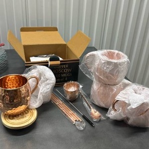 lot 4 image: Copper Moscow Mule Mugs Set of 4 with Coasters Straws Shot Glass Spoon Brush