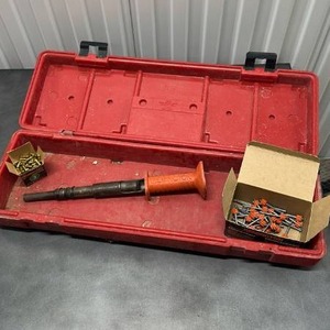 lot 6 image: Red Toolbox with Handle  Latches with nailer and ammo