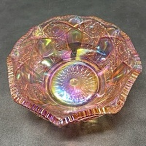 lot 9 image: Iridescent Glass Bowl with Ruffled Rim and Center Design