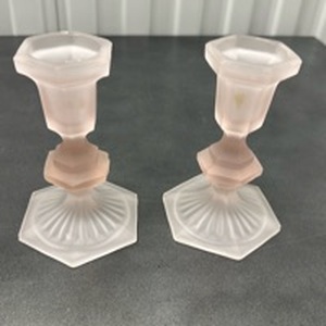 lot 12 image: Pair of Frosted Glass Candlesticks Holders with Shell Base