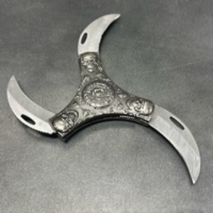 Decorative 7 1/2 inch Three-Blade Folding Knife with Skull and Ornamental Center