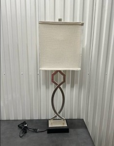lot 39 image: Metal Table Lamp with Decorative Base and Fabric Shade 3 way switch