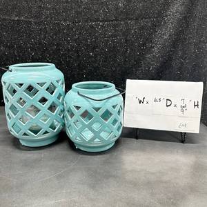 lot 64 image: Two Turquoise Ceramic Lanterns with Lattice Cutout Design