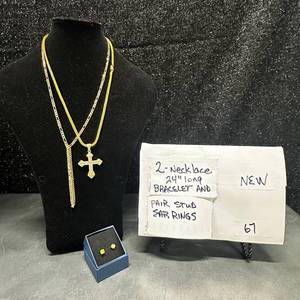 lot 67 image: 2 Necklace 24 Long Bracelet Pair Stud Earrings Cross Pendant